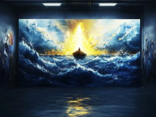 A painting of a boat in the ocean with a man in the boat and a light shining on the boat