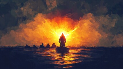 A painting of a man in a boat with a group of people in the background. The man is holding a cross and he is a religious figure. The painting has a dark and moody atmosphere, with the man