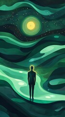 A man stands in the middle of a green ocean with a yellow moon in the background. The painting has a dreamy, surreal feel to it, with the man appearing to be lost in thought