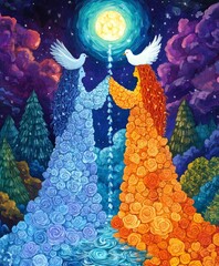 Two women are depicted in a painting, one of them is wearing a blue dress and the other is wearing an orange dress. They are holding hands and surrounded by flowers. The painting has a peaceful