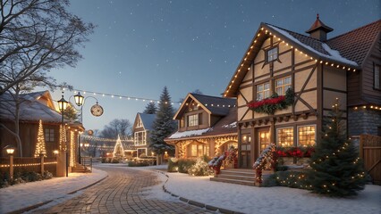 Cozy European Village Street Decorated with Christmas Lights in Winter