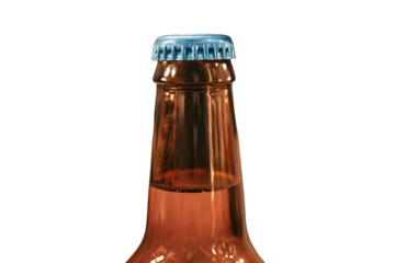 Close-up of a glass bottle with a blue cap, isolated on white background.