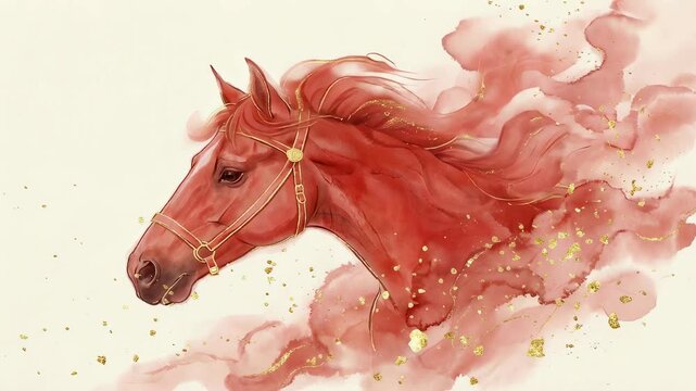 Red horse head with bridle animated with golden glitter and watercolor effects for Chinese New Year.