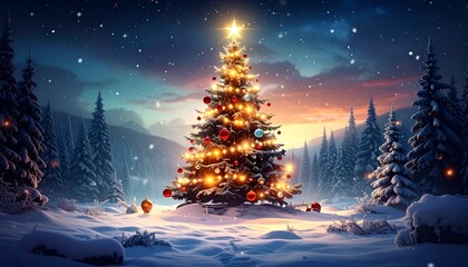 🎄 Christmas Tree with Glowing Lights in Snowy Forest under Aurora Borealis and Falling Snowflakes