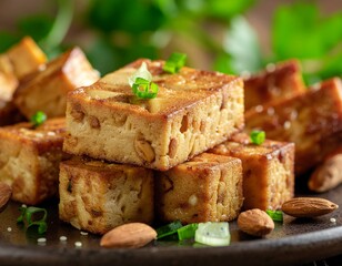 menu food photography, fried tofu and tempeh, close up angle, crispy texture, restaurant menu style
