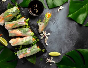 menu food photography, spring rolls, flat lay composition, clean modern style, commercial food image
