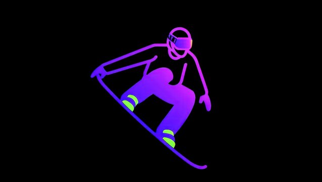 A neon silhouette of a snowboarder performing a jump against a black background. The figure wears a helmet and colorful gear, showcasing winter sports action. - Powered by Adobe