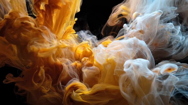 Colorful smoke swirls in dark background during artistic display of liquids mixing in water at an art studio at night
