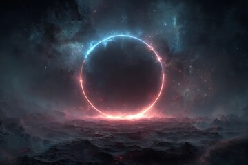 Glowing ring of energy surrounds a dark planet, pulsing with otherworldly light and sparks in the vast, dark cosmos, showcasing cosmic creation and power