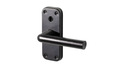 Modern black door handle with sleek metal design, isolated on white background.