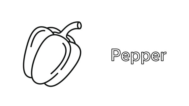 Simple black and white line art icon depicting a fresh bell pepper vegetable next to the word pepper suitable for educational materials or coloring pages for children learning about produce.