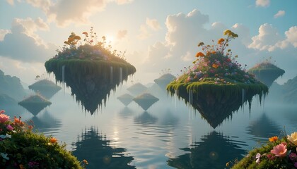  
  
"A surreal scene of floating islands made entirely of colorful flowers and lush green moss, hovering gently above a calm reflective lake, tiny sparkling waterfalls cascading from the islands into