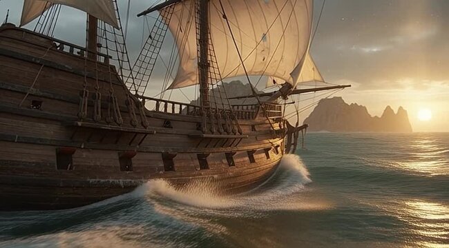 Golden Sunset Voyage Historic Galleon Sailing Rough Seas Near Rocky Cliffs Dramatic Ocean Adventure Exploration