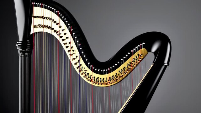 Close-up of a black harp with gold accents