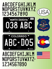 North Dakota and Colorado  blackout style car license plate pattern, numbers, letters and symbols, USA, United States, vector illustration