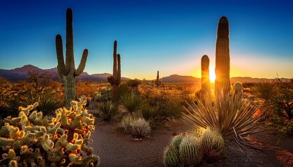 Sunset In The Desert Between Sagueros In Arizona Usa