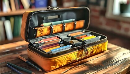 Pencil case with art supplies on wooden table.