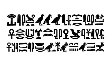 Obraz premium Egyptian hieroglyphic symbols and animal illustrations.