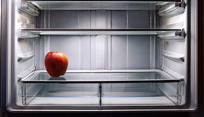 An Empty Fridge With A Single Apple