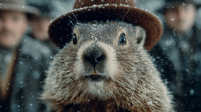 Groundhog phil wearing hat predicting winter weather