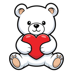 Naklejka premium Cute White Teddy Bear Holding Red Heart Valentine Illustration