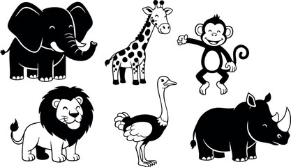 African wildlife animals elephant giraffe monkey lion ostrich rhinoceros vector illustration  © PixelPaletteArt