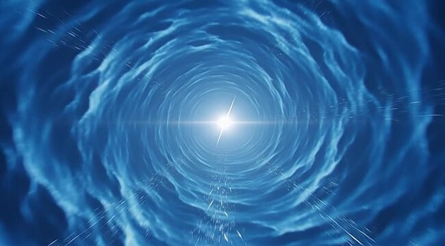 Abstract blue time tunnel visualization Wormhole journey speed light particle effect background