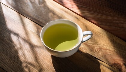 Cup Of Green Tea On A Wooden Table With Natural Light And Soft Shadows