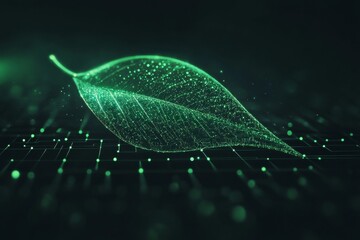 Floating green data line shaped like a leaf in dark digital space highlights concepts of sustainable technology and digital carbon footprint while featuring a minimal and futuristic design