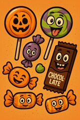Fototapeta premium Playful Cartoon Candy Parade with Smiling Sweets on Orange Background