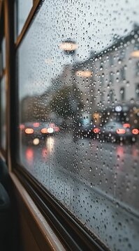 Raindrops on window glass looking out at blurred city street traffic lights atmospheric weather background feeling cozy travel view
