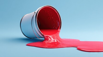   Red liquid spills from a bucket onto a blue background as a droplet falls off the edge of the container