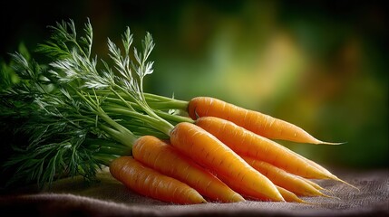   A stack of carrots perched atop a table, surrounded by lush green stalks
