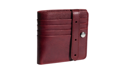 Elegant burgundy leather card holder with silver snap, isolated on white background.