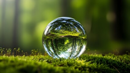 Fototapeta premium A crystal ball sits on mossy forest floor reflecting nature