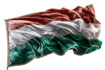 Isolated flowing Flag of Hungary, featuring patriotic red, white, and green colors and a rippling, waving texture, standing as a symbol of Hungarian national identity