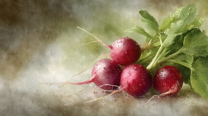   A cluster of radishes resting atop a verdant leaf with droplets of water