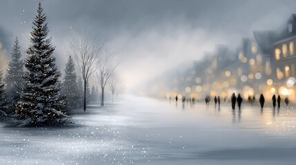   Snowy Street Art - A stunning Christmas tree dominates the foreground while bustling pedestrians stroll along the sidewalk
