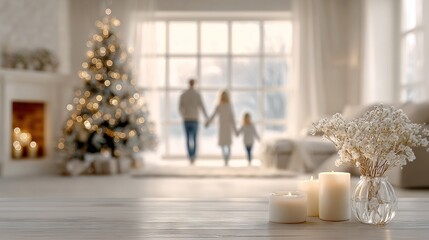   A couple holding hands in front of a Christmas tree in a cozy living room, with the tree serving as the focal point in the background