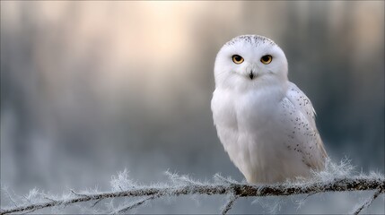   A white owl perched on a snow-laden branch against a blurred backdrop