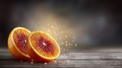   Two halves of a grapefruit on a wooden table with droplets falling from its upper section