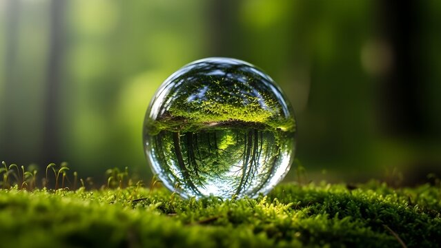 A crystal ball sits on mossy forest floor reflecting nature
