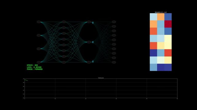 Artificial Neural Network Training Visualization with Data Flow, Glowing Nodes and Backpropagation Process, Futuristic AI Machine Learning Concept Animation