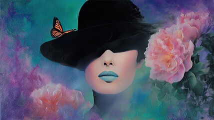   Black hat & flower in hair, butterfly on shoulder - painting