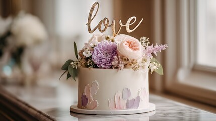   A close-up of a cake on a table, surrounded by flowers and adorned with the word 'Love'