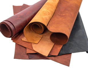 Assortment of leather hides in various colors, some rolled up, showing texture and grain