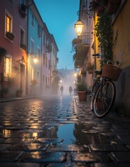 Picturesque Cobblestone Street at Dusk with Bicycle and Wet Pavement