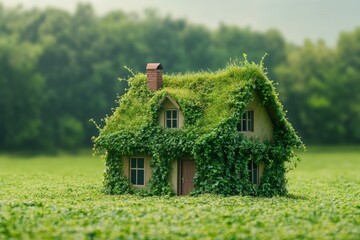 Small house with grass roof and green plants in open meadow under sunlight in rural setting with no people or distractions