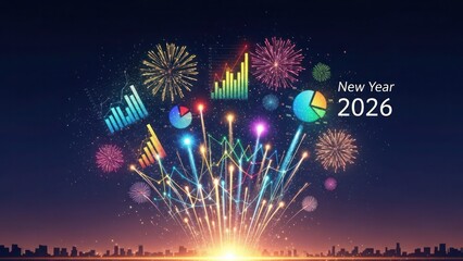 New Year 2026 celebration with financial charts and fireworks