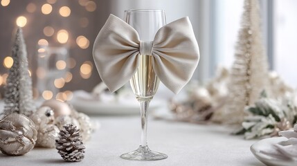   A close-up of a wine glass adorned with a bow atop a Christmas tree background